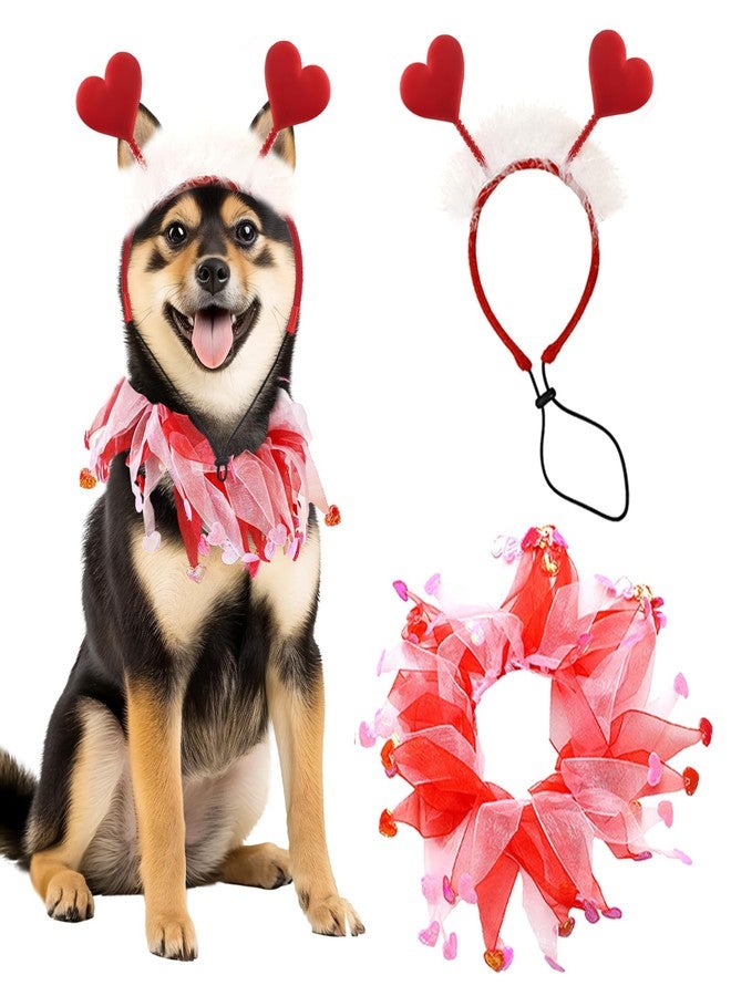 Blinket Dog Outfit, Red Glitter Heart Dog Headband and Tutu Collar Costume Set, Valentine’s Party Accessories for Small Medium Large Dogs Style A - Image 1